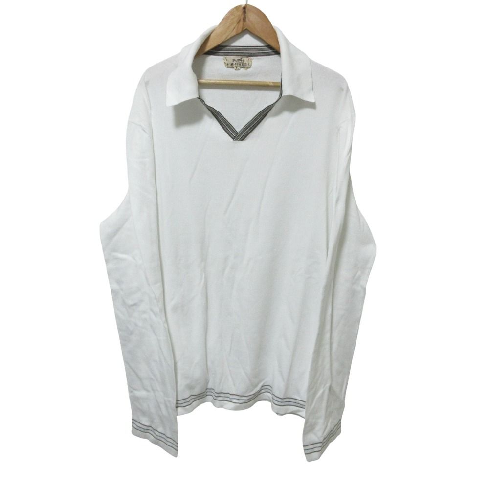 HERMES エルメス 長袖 スキッパー ニットポロシャツ XL ホワイト メンズ 古着