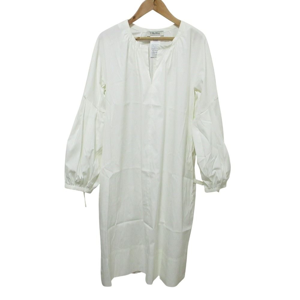 S Max Mara エスマックスマーラ キーネック 長袖 ロング ギャザースリーブワンピース 40 ホワイト レディース 古着