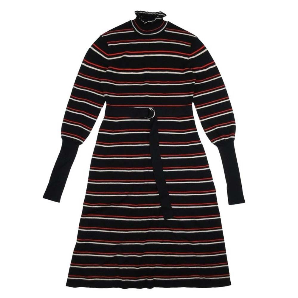 21 aw Chloe クロエ ボーダー ベルテッド メロウ 長袖 ハイネック ニット ワンピース ミディ ドレス S ブラック マルチ レディース 古着
