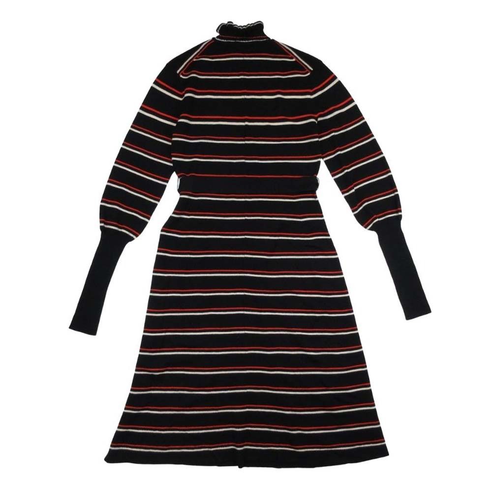 21 aw Chloe クロエ ボーダー ベルテッド メロウ 長袖 ハイネック ニット ワンピース ミディ ドレス S ブラック マルチ レディース 古着