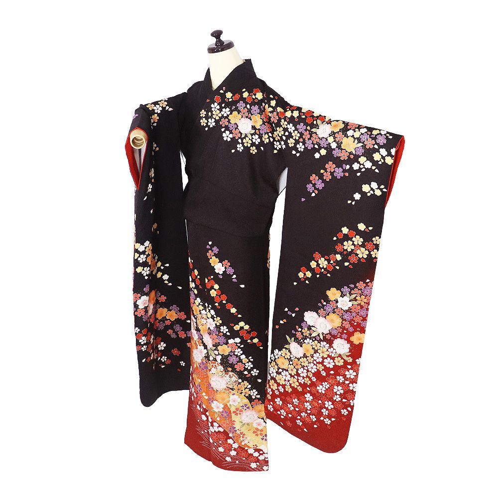 本振袖 長襦袢 袋帯 セット 正絹 濃い紫 赤 暈し 桜 金 黒 菊 桜 L