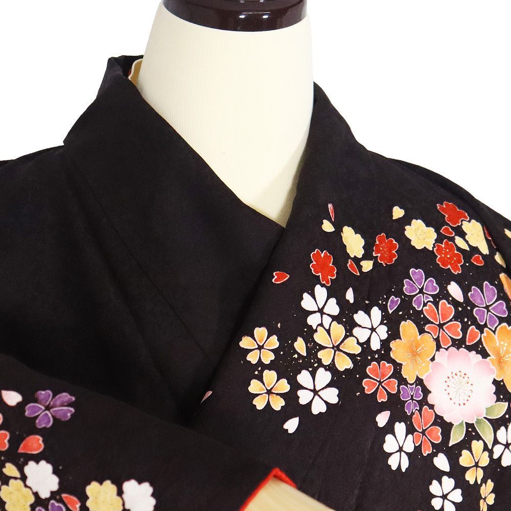 本振袖 長襦袢 袋帯 セット 正絹 濃い紫 赤 暈し 桜 金 黒 菊 桜 L