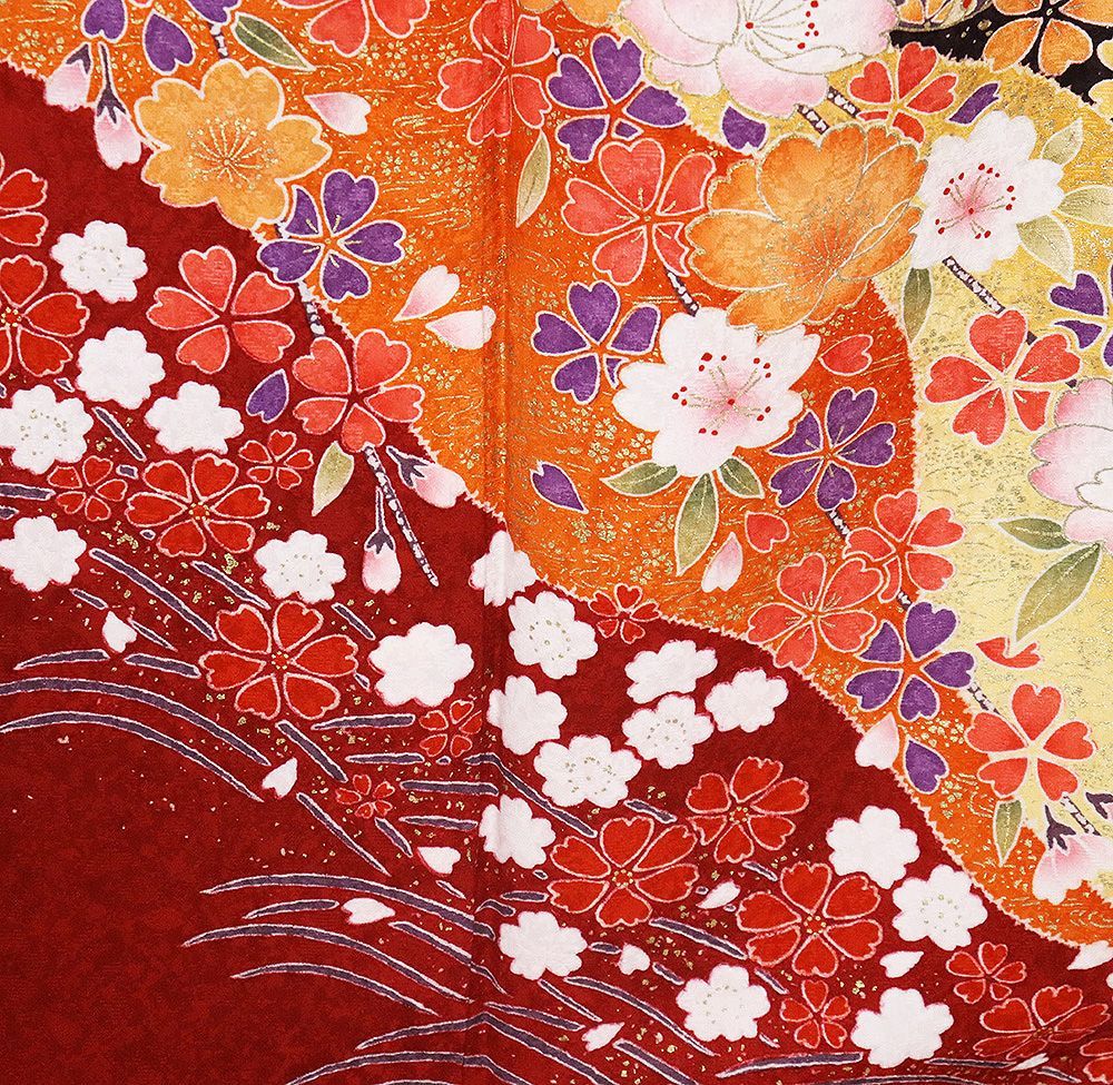 本振袖 長襦袢 袋帯 セット 正絹 濃い紫 赤 暈し 桜 金 黒 菊 桜 L 