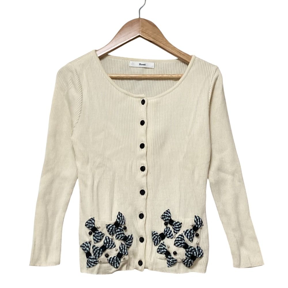 新品【Reneルネ】定価42,000円リボン付きカーディガン36 Rene（ルネ） ベロアリボンウールニットカーディガン 6432520