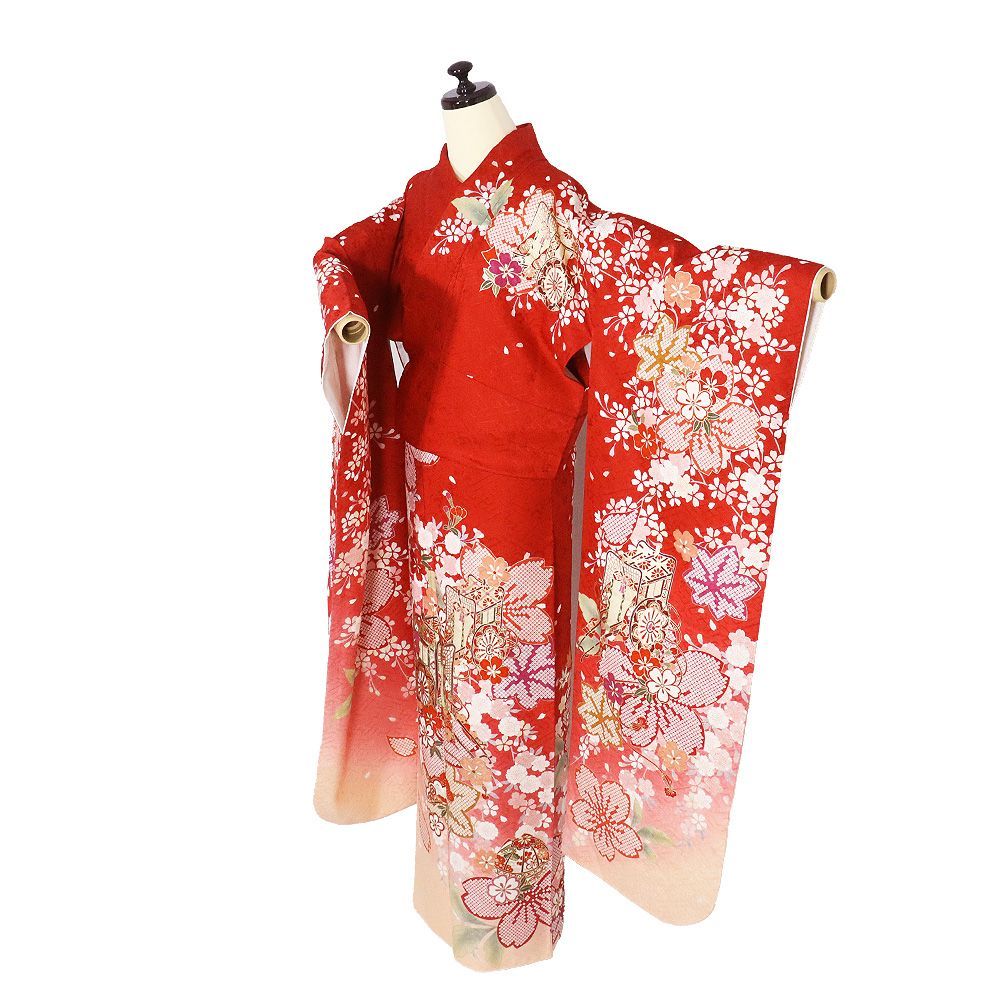 本振袖 長襦袢 袋帯 セット 正絹 赤 ピンク サーモンピンク 桜 Lサイズ