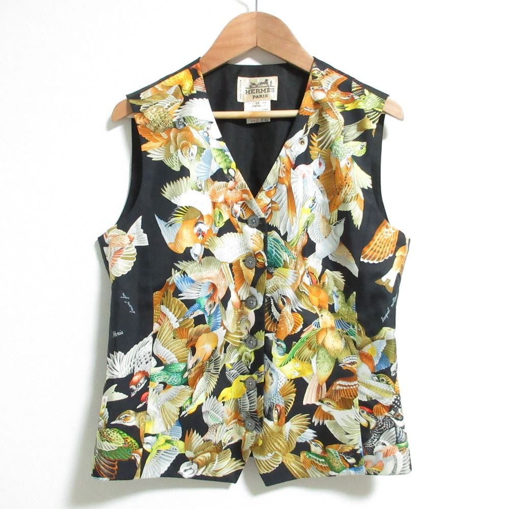 美品 HERMES エルメス ヴィンテージ 鳥プリント シルク ジレベスト 40