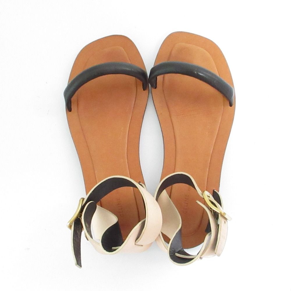 CELINE ベージュ ブラック フラットサンダル 良品 CELINE セリーヌ フィービー期 アンクルストラップ フラット