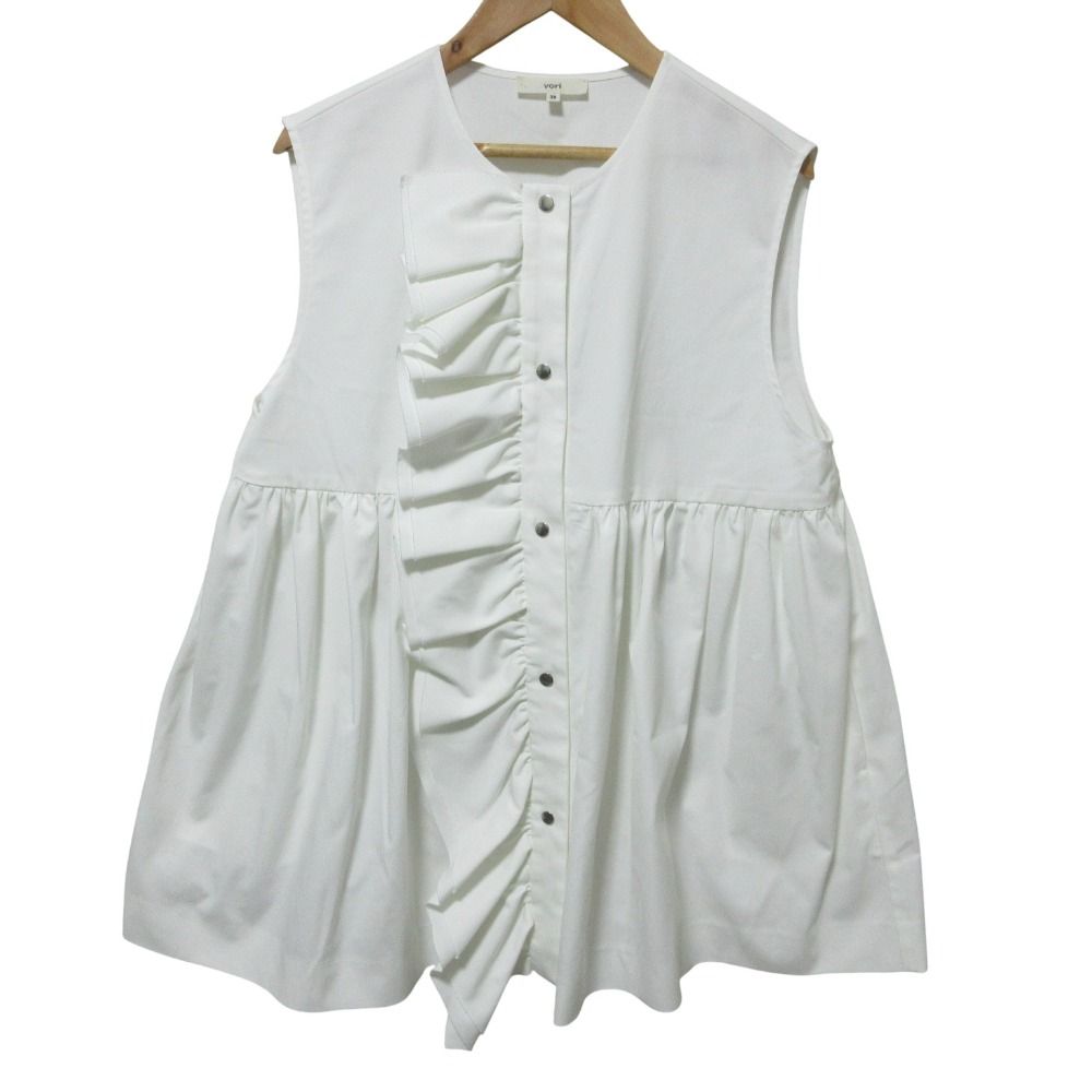 クリーニング済 yori ヨリ ダブルフリルジレ ベスト チュニック ノースリーブ ブラウス YR 2221-050 SM 38 ホワイト レディース 古着