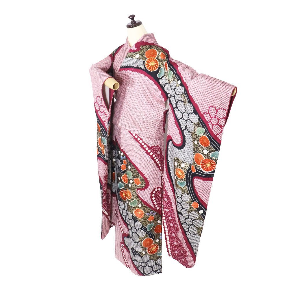 総絞り本振袖 袷 正絹 ローズピンク 緑 刺繍 菊 絞り 菊 梅 トール