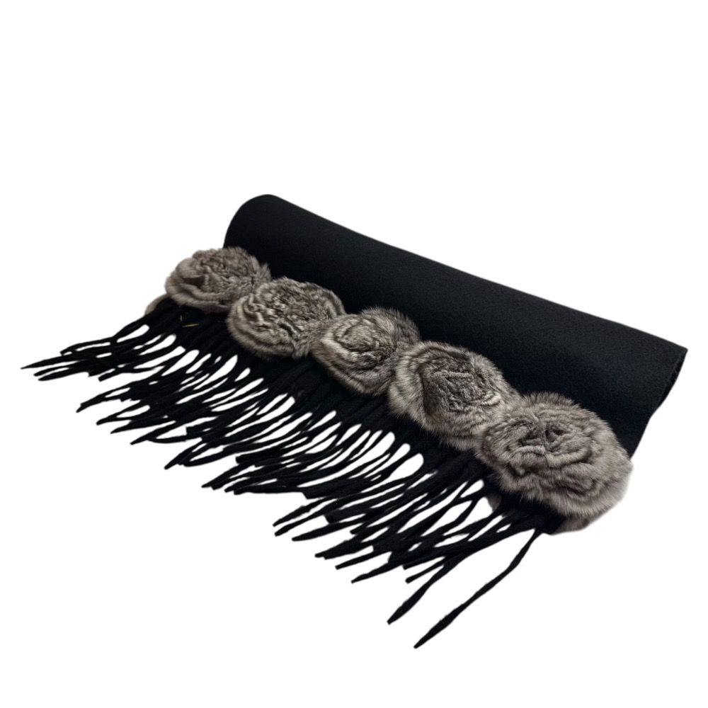 FENDI フェンディ カシミヤ100％ ファーコサージュ付き マフラー ブラック レディース 古着