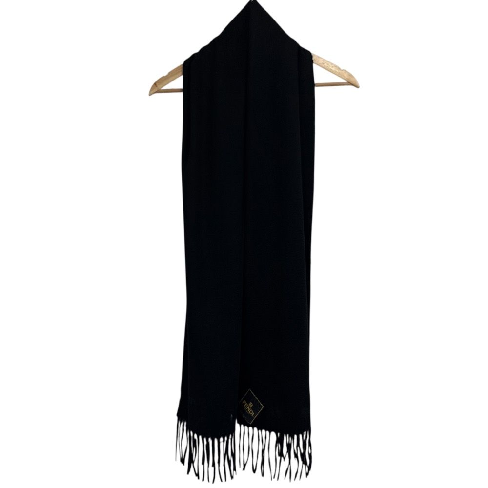 FENDI フェンディ カシミヤ100％ ファーコサージュ付き マフラー ブラック レディース 古着