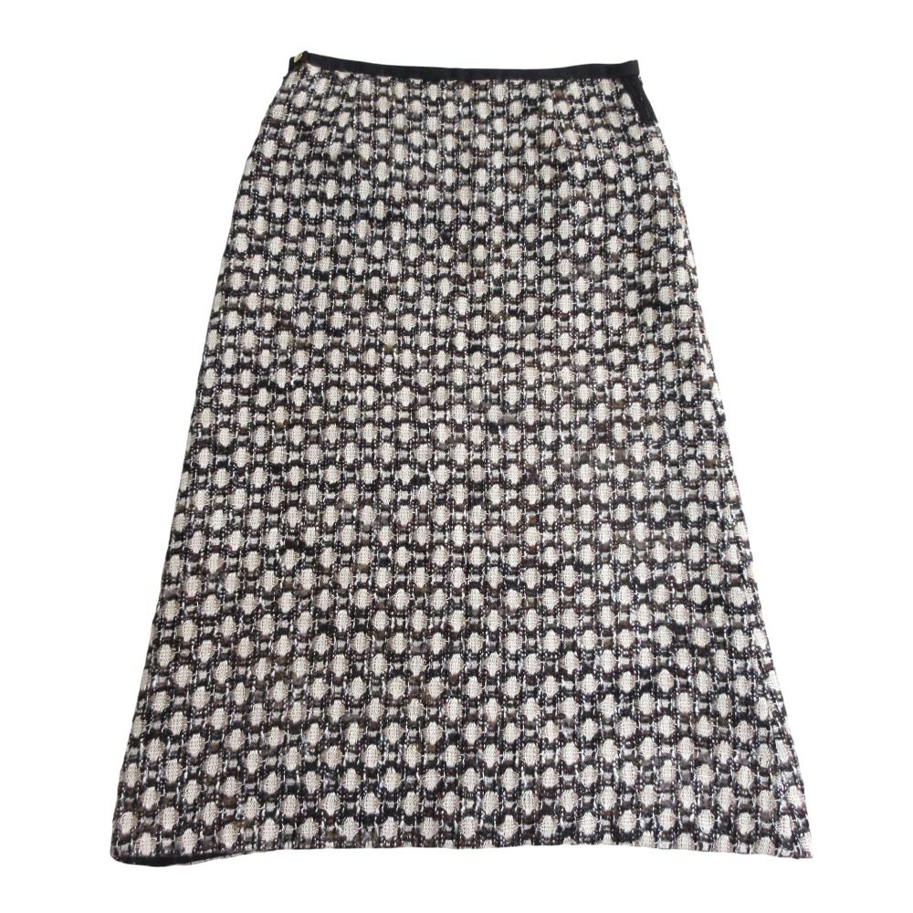 Drawer ドゥロワー CHAUMES社 ツイードフリンジスカート ロング タイトフ スカート 36 ブラック ベージュ レディース 古着