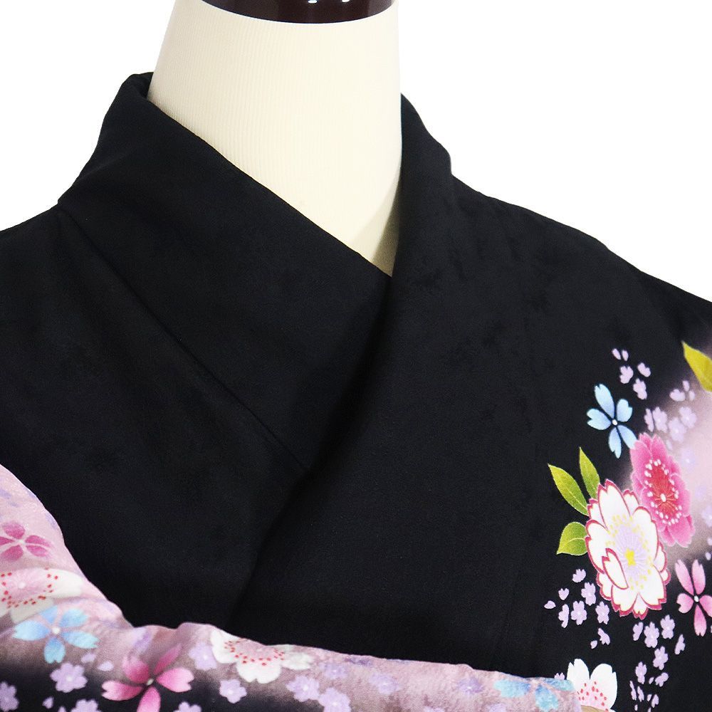 本振袖 袷 正絹 黒 ピンク 紫 暈し 桜 トールサイズ ki31368 美品 ふり