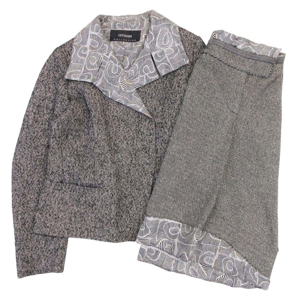 チヴィディーニ ツイード スカートスーツ セットアップ テーラードジャケット 膝丈スカート 42 黒系 レディース 古着