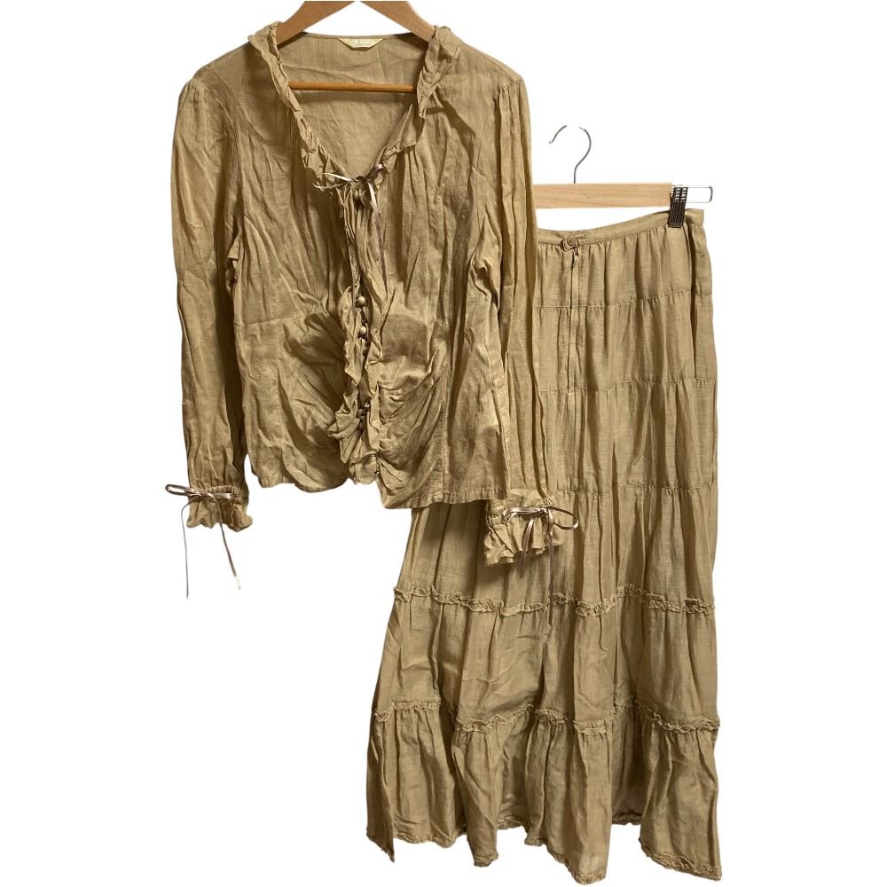 PINK HOUSE ピンクハウス フリルカットソー 段々ティアードロングスカート セットアップ ベージュ レディース 古着