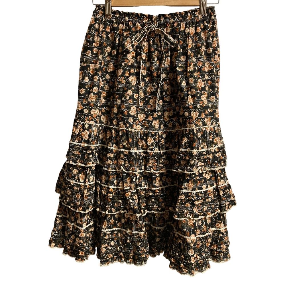 PINK HOUSE ピンクハウス 薔薇プリント 段々ティアード ロングスカート ブラック ピンク レディース 古着