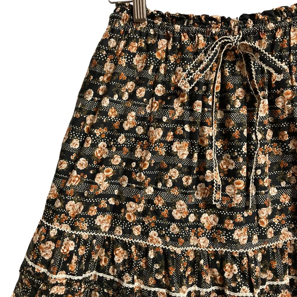PINK HOUSE ピンクハウス 薔薇プリント 段々ティアード ロングスカート ブラック ピンク レディース 古着