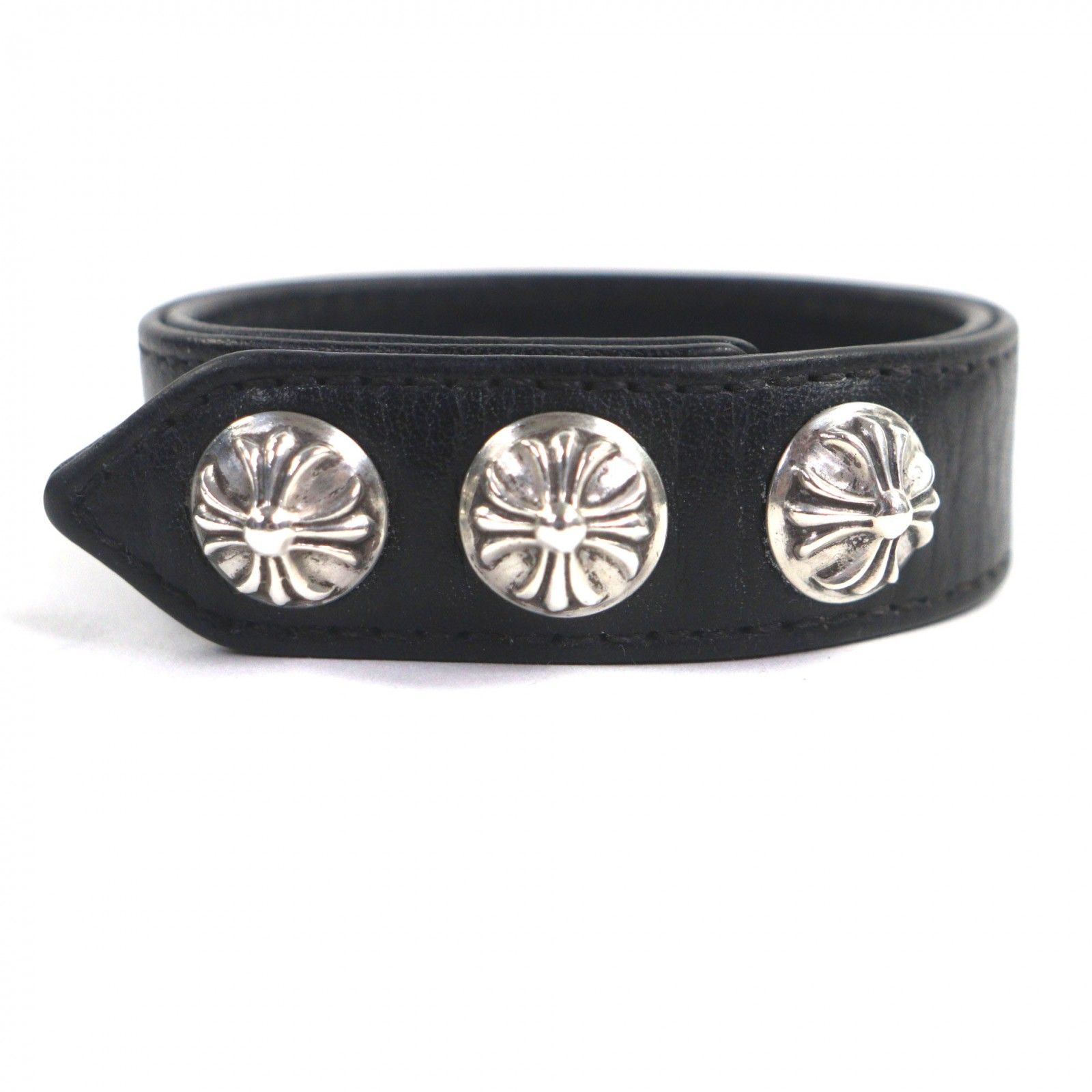 CHROME HEARTS クロムハーツ 3ボタン2スナップ レザー 925 クロスボール ブレスレット ブラック シルバー 総重量36 8 g メンズ
