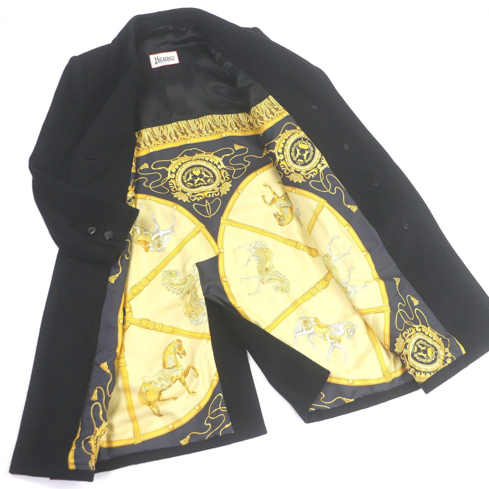 HERNO✨カシミヤ シルク ロングコート チェスターコート スカーフ柄 ヘルノ カシミヤ混 ヴィンテージ 裏スカーフ柄 シルク ウール