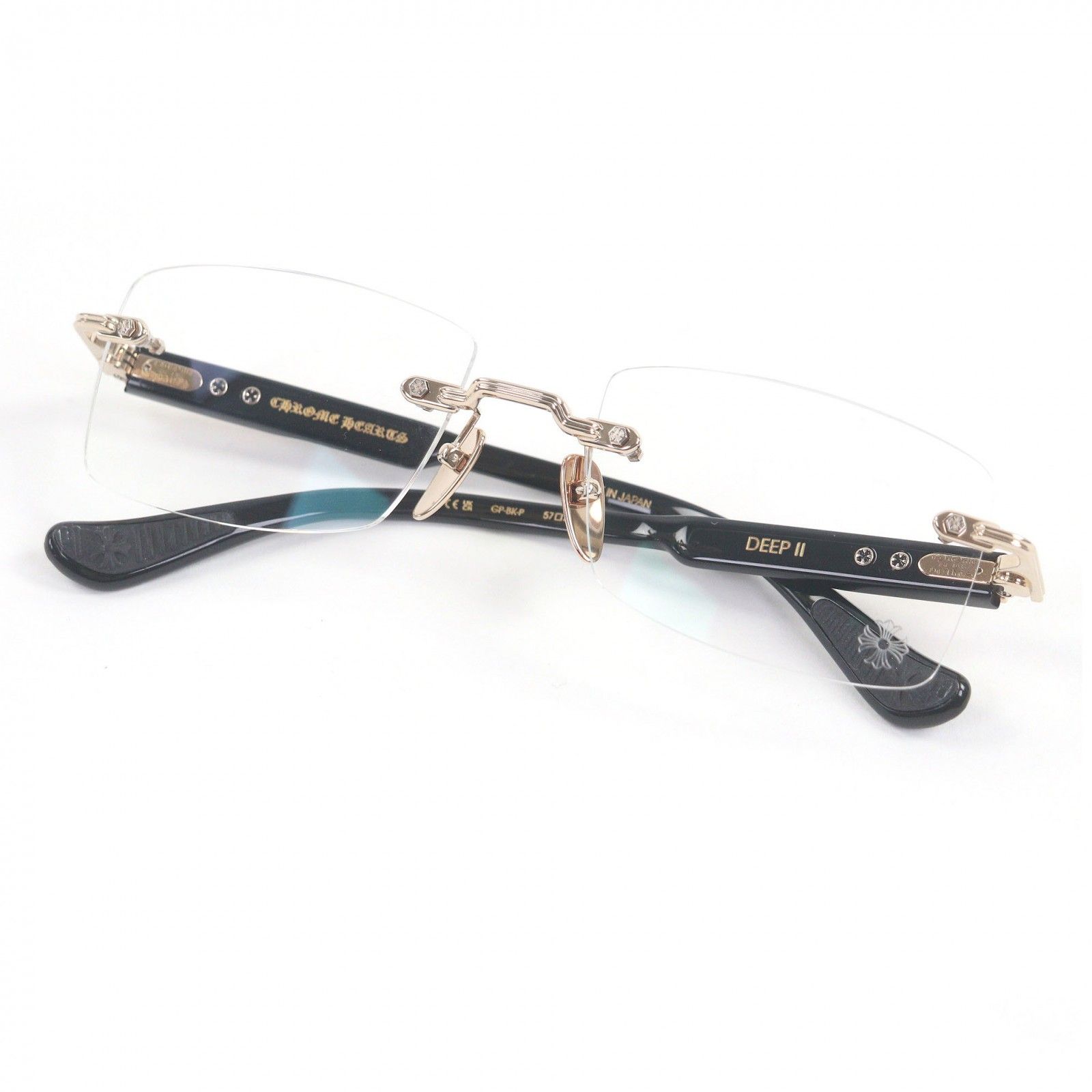 CHROME HEARTS クロムハーツ DEEP II サイドフローラルクロス リムレスメガネ 眼鏡 アイウェア クリア ブラック ゴールド 57 20 146 デモレンズ ケース付き メンズ