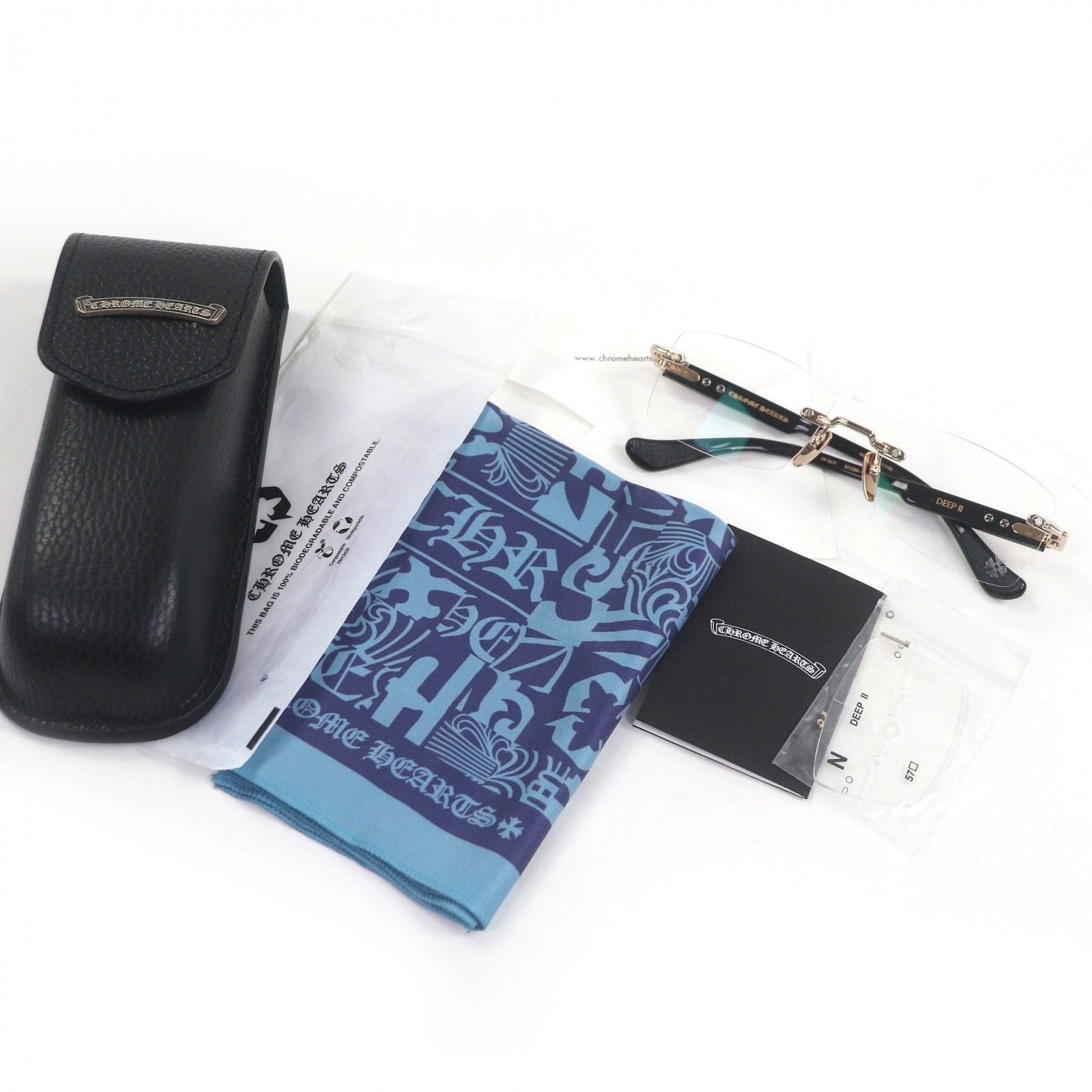 CHROME HEARTS クロムハーツ DEEP II サイドフローラルクロス リムレスメガネ 眼鏡 アイウェア クリア ブラック ゴールド 57 20-146 デモレンズ ケース付き メンズ