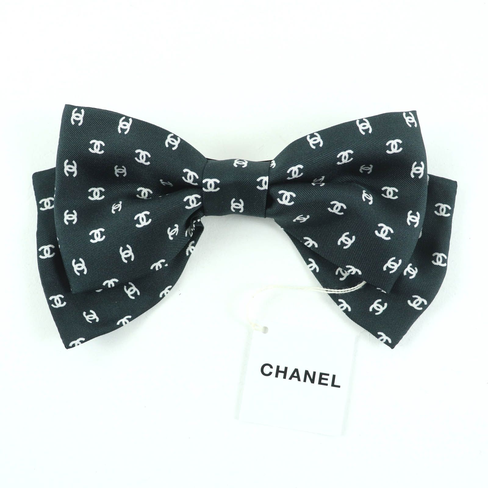 CHANEL シャネル AAA 821 25 P シルク100％ ココマーク リボン バレッタ ヘア ブラック ホワイト き イタリア製 レディース