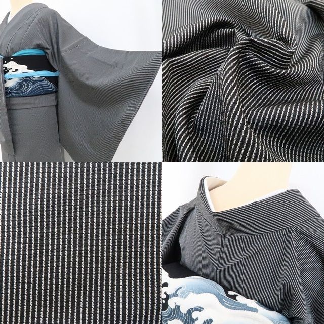 ❁tomihisa❁新品 縦縞 モノトーン 着物“粋なお召に縞を引く今も昔も