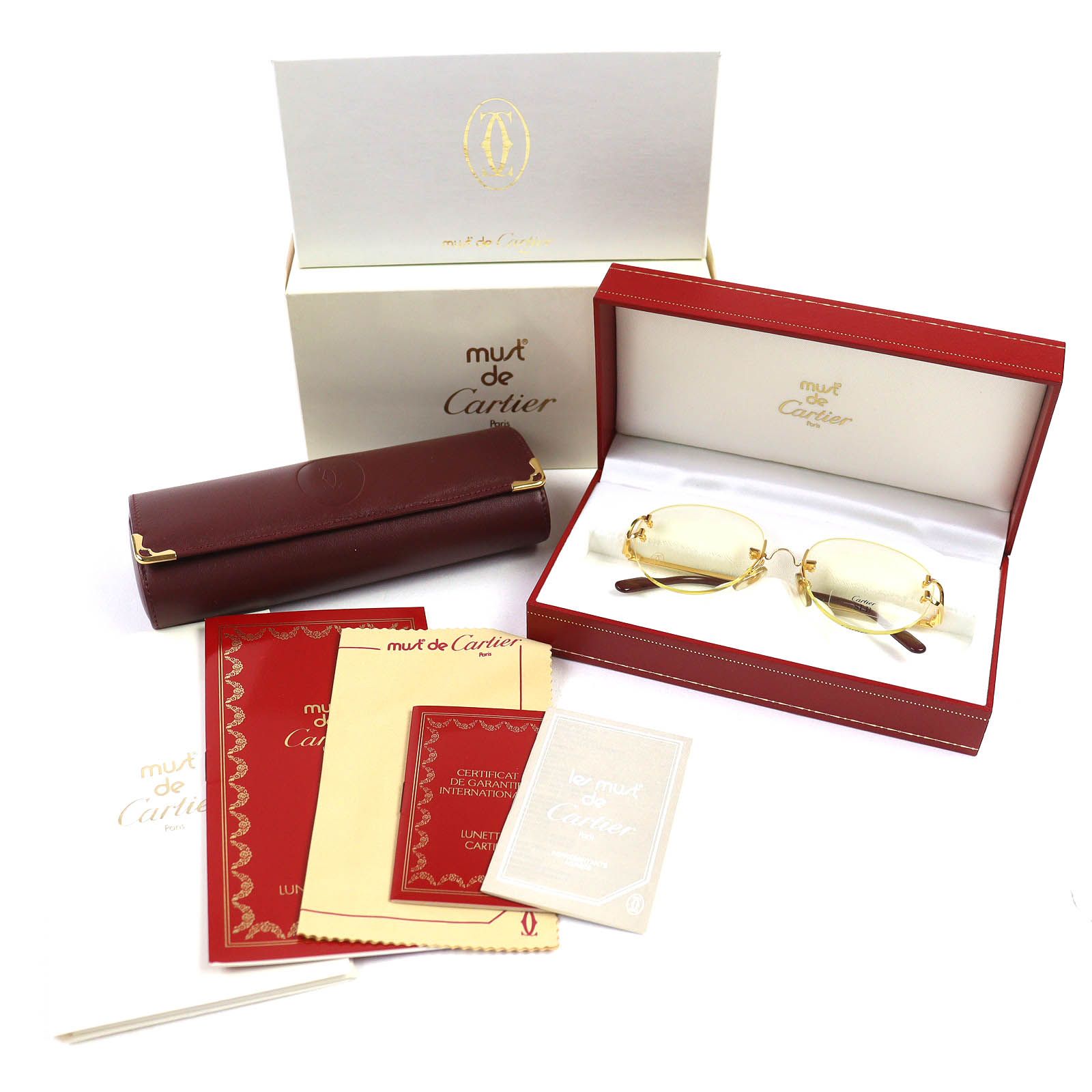 Cartier カルティエ ツーポイント リムレス メガネ 眼鏡 アイウェア ゴールド ボルドー 16 130 デモレンズ 箱 ケース付き フランス製 メンズ