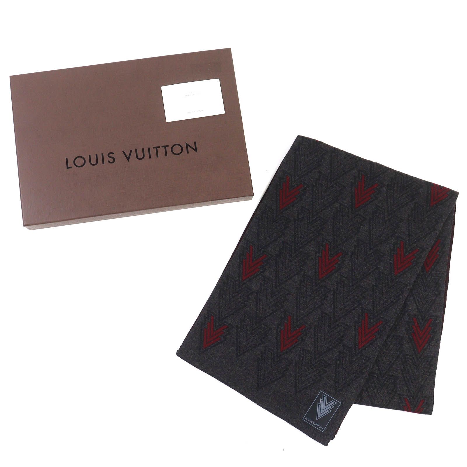 LOUIS VUITTON ルイヴィトン 2015年製 M 70032 ウール100％ エシャルプ トリプルV マフラー ダークグレー ボルドー き イタリア製 メンズ