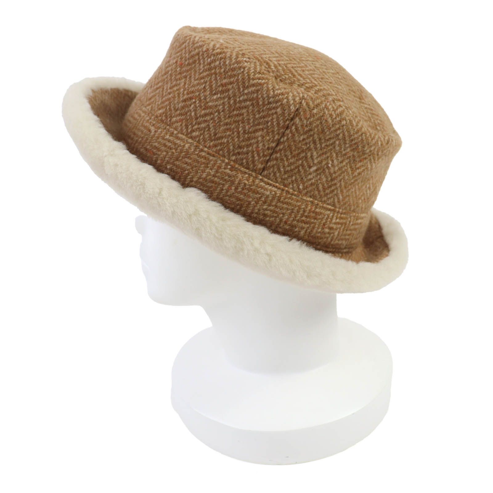  HERMES エルメス ヘリンボーン柄 ウール カシミヤ シープスキン使い ボアハット ブラウン 57 箱 保存袋付き フランス製 レディース その他 ハット