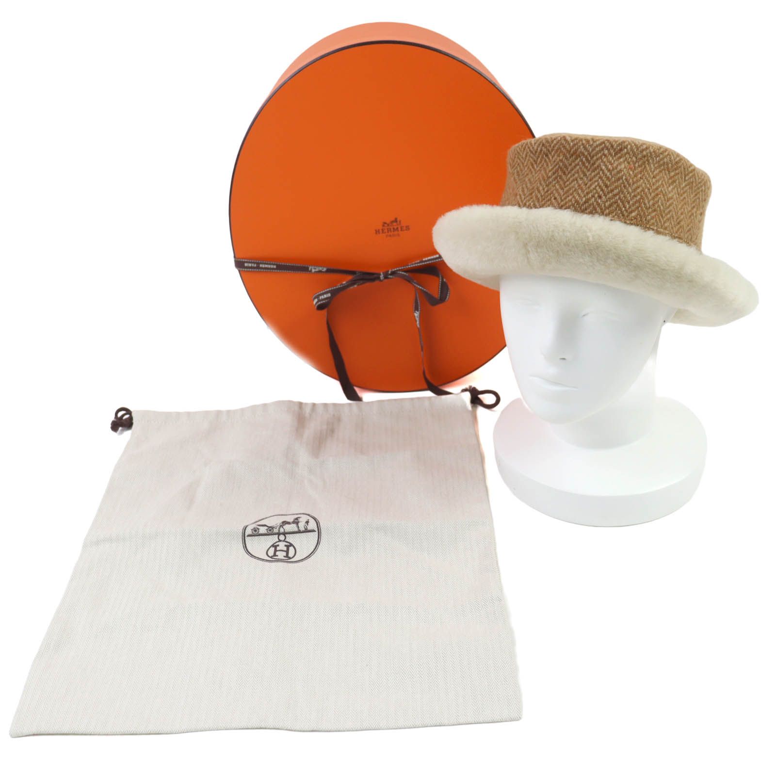 HERMES エルメス ヘリンボーン柄 ウール カシミヤ シープスキン使い ボアハット ブラウン 57 箱 保存袋付き フランス製 レディース