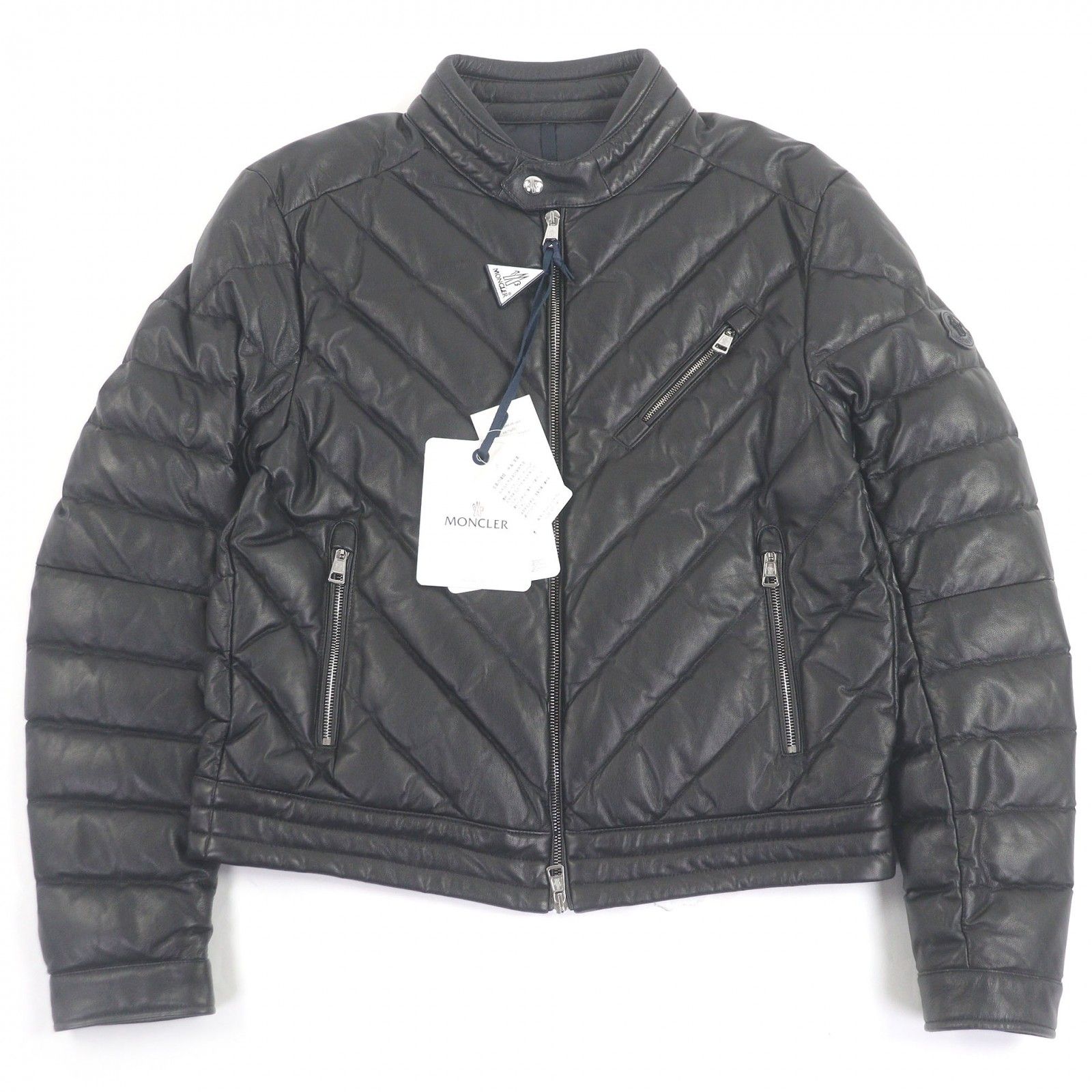 MONCLER モンクレール 22 AW GRIAZ 羊革 ロゴワッペン付き スタンド オールレザー ダウンジャケット ブラック 1 メンズ