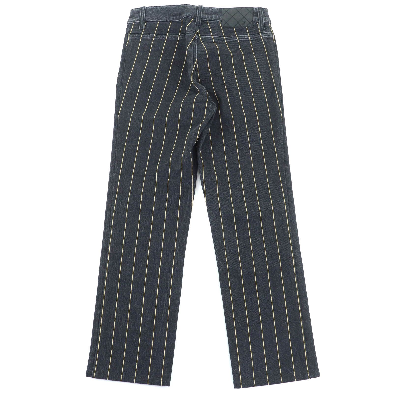 CHANEL シャネル P 63151 ココマークボタン レザーパッチ付き ストライプ デニムパンツ ブラック 34 イタリア製 レディース