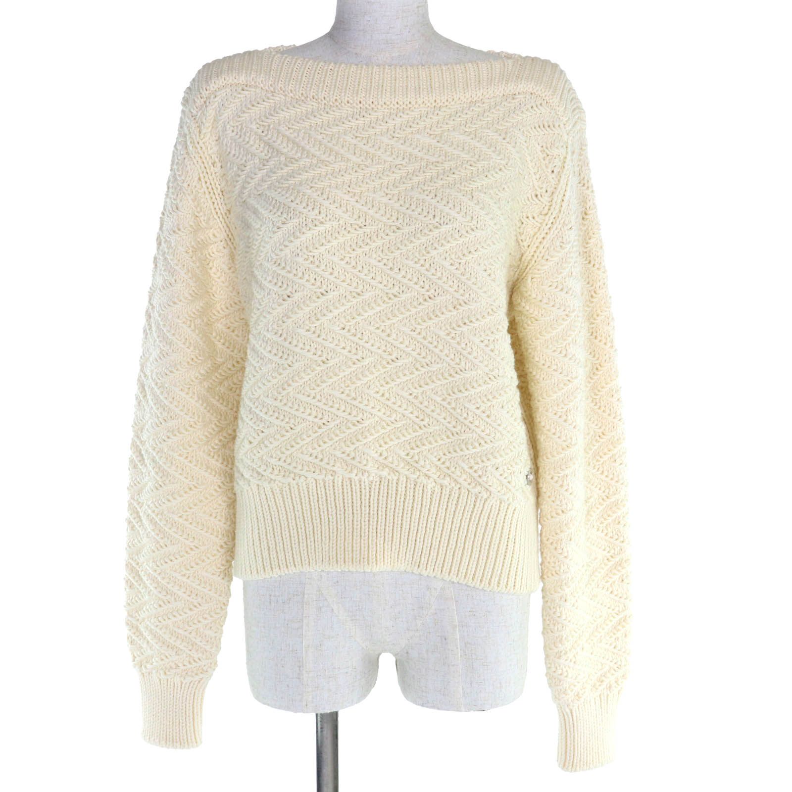 HERMES エルメス 21 AW ウール100％ シェブロン柄 セリエ金具付き 長袖ニット セーター アイボリー 38 イタリア製 レディース