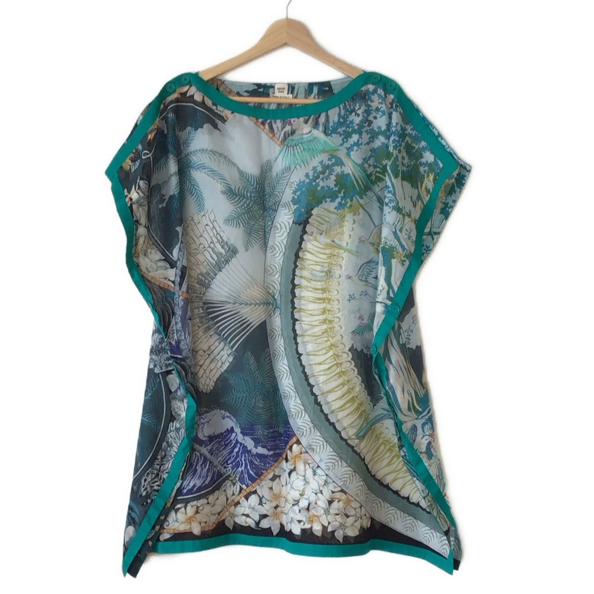 HERMES エルメス チュニック サイズ38 M レディース ライトブルー ブルーグリーン マルチ クルーネック 半袖 リゾートワンピース