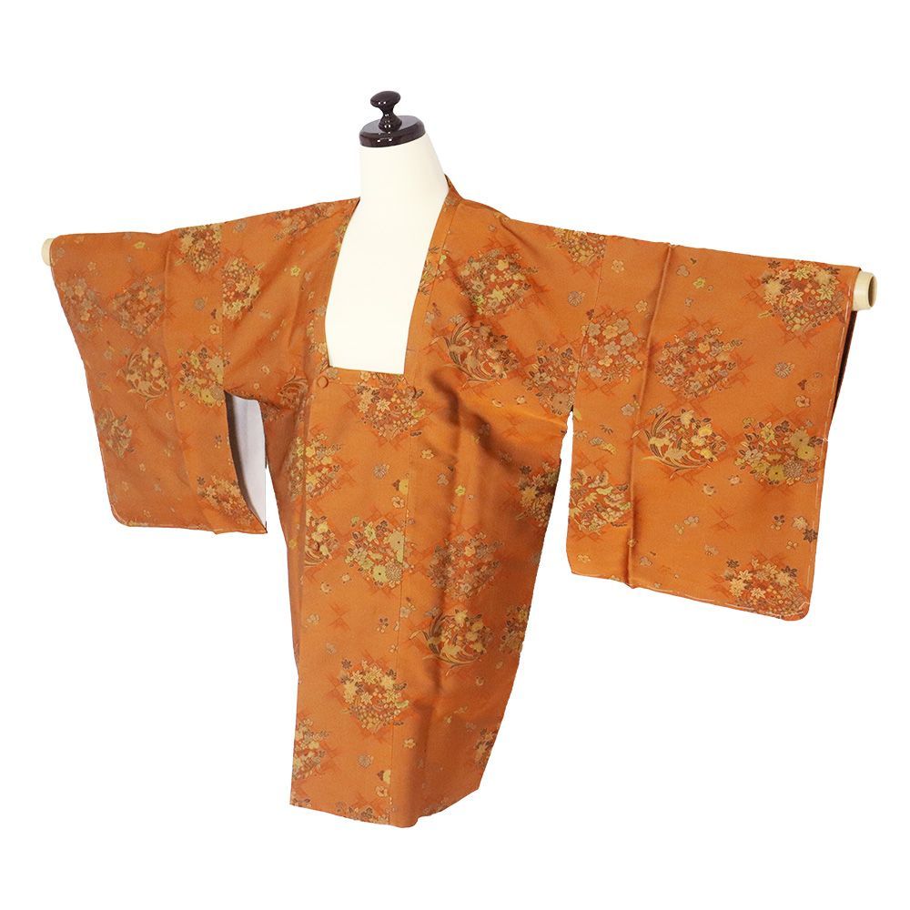 の特売品 秋冬用 和装コート 道行コート 袷 正絹 能衣装 橙色 花菱文 梅 桔梗 菖蒲 紅葉 菊 橘 Sサイズ A 5324
