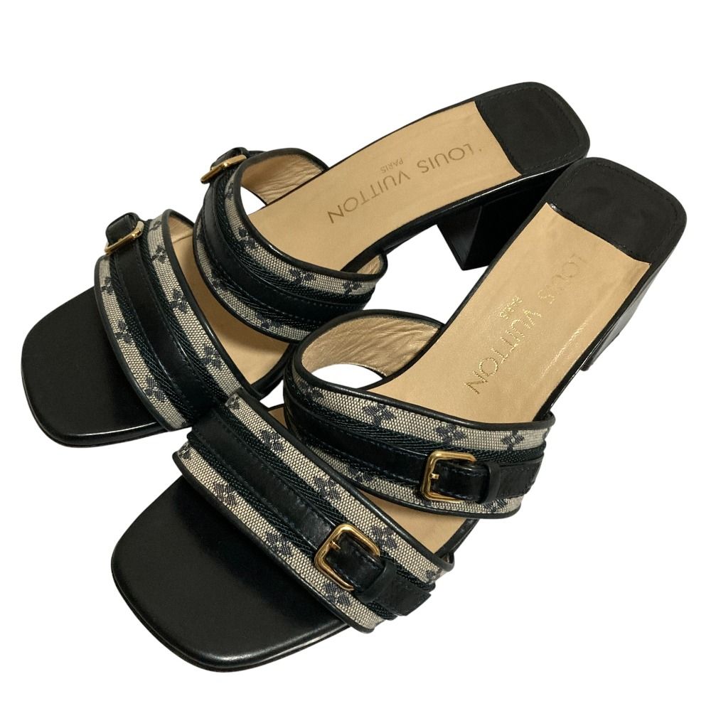 LOUIS VUITTON ルイヴィトン モノグラム ミニ フラワー ダブルベルト サンダル ミュール サイズ37 5 24 cm ネイビー レディース 古着