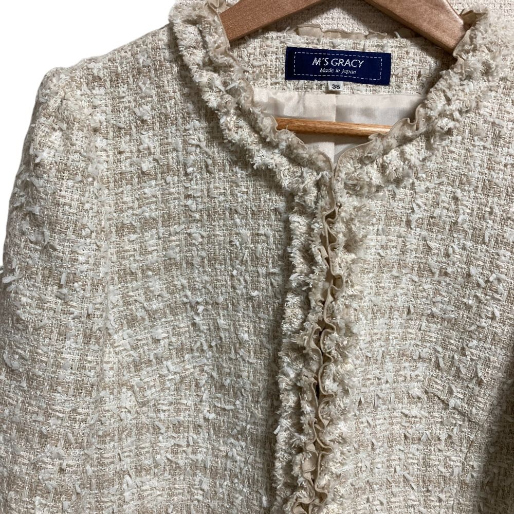 美品♡エムズグレイシー ツイード リボン ノーカラージャケット レッド 38 美品 M'S GRACY エムズグレイシー リボンツイード フリルジャケット