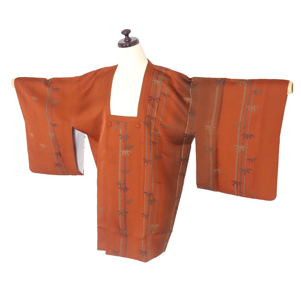 の特売品 秋冬用 和装コート 道行コート 袷 正絹 赤茶 濃茶 縞 竹笹 SSサイズ A 5326 レディース シルク ギフト