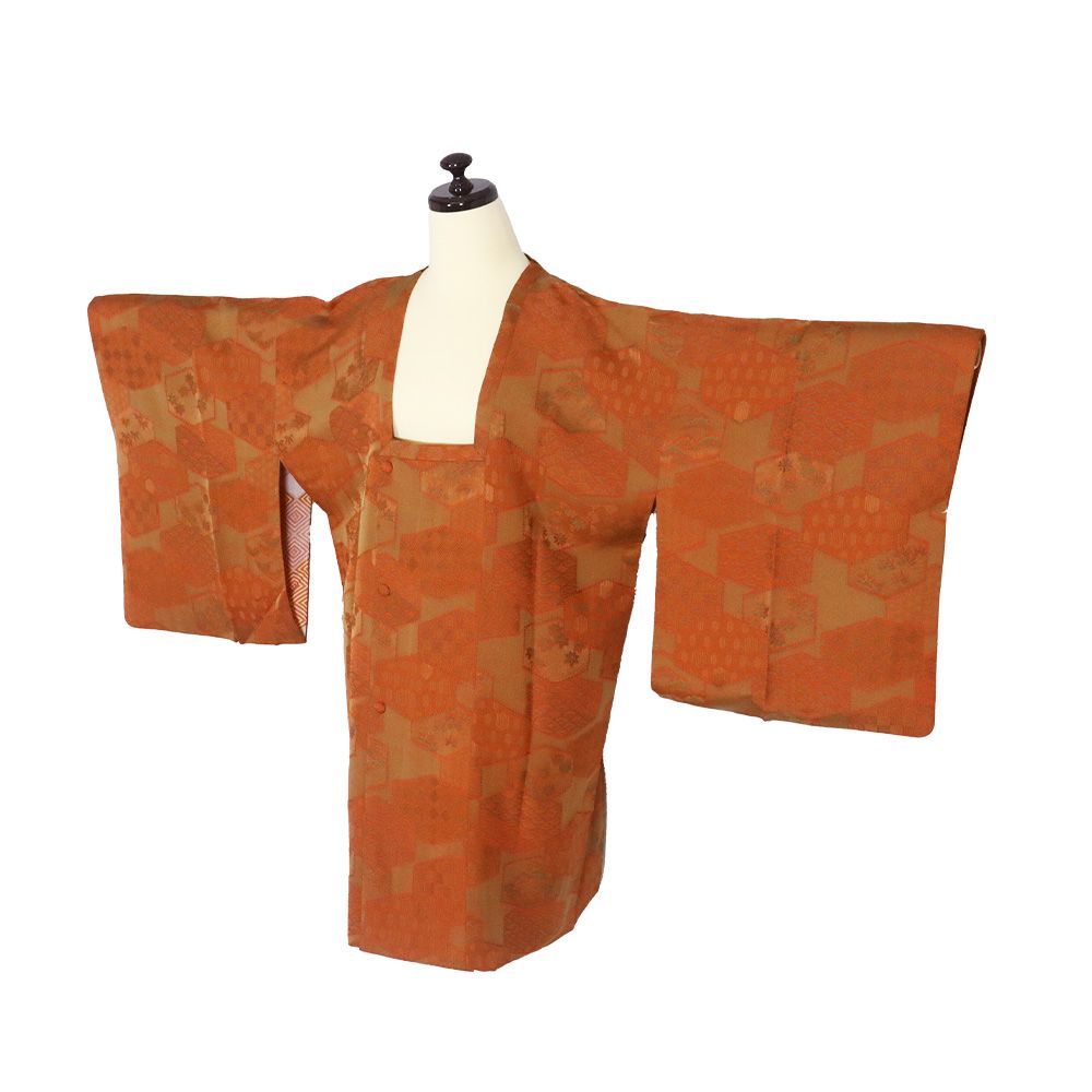 の特売品 秋冬用 和装コート 道行コート 袷 正絹 抹茶色 赤茶 亀甲文 青海波 格子 紅葉 菊 松 笹 Mサイズ A 5327