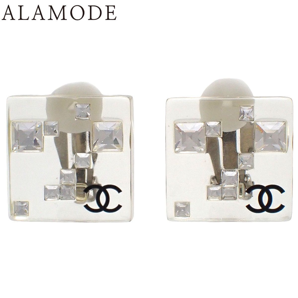 CHANEL シャネル ココマーク ラインストーン クリア イヤリング メタル プラスチック ジュエリー スクエア型 シルバー銀 レディース アラモード