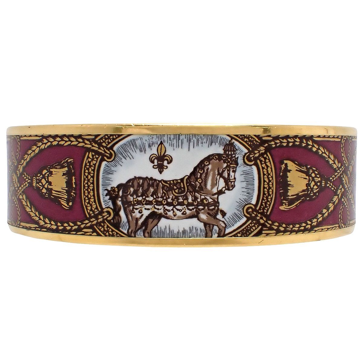 HERMES エルメス エマイユ GM メタル GP バングル ジュエリー 七宝焼き ブレスレット ホース 馬 タッセル ゴールド金 ボルドー レディース アラモード