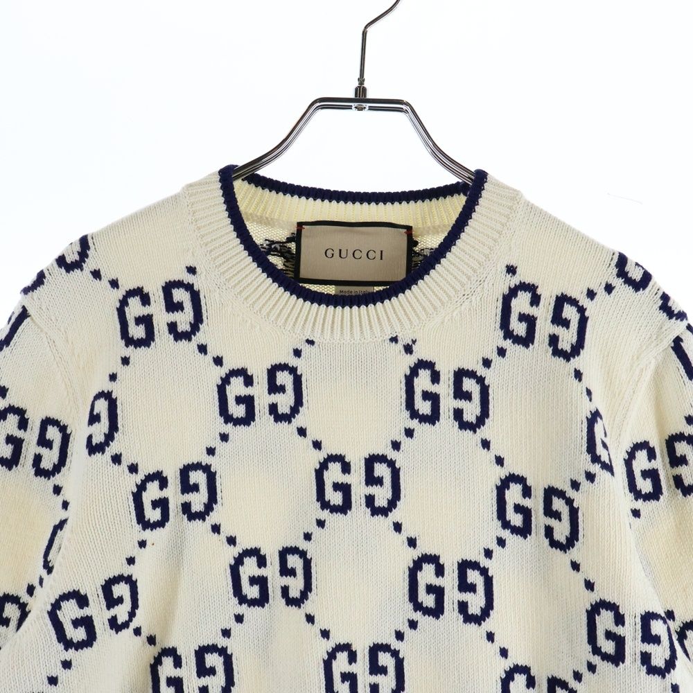 GUCCI (グッチ) GGジャガード クルーネック長袖ニットセーター ブルー