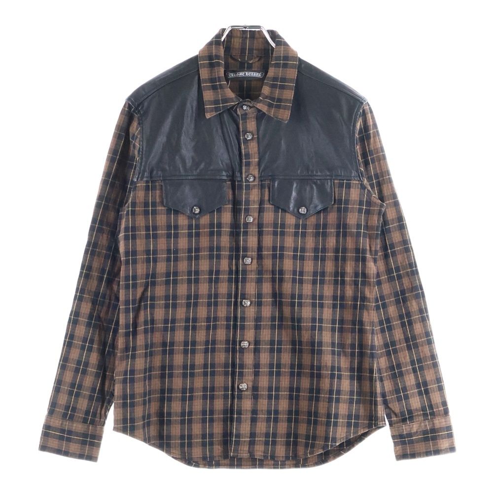 CHROME HEARTS クロムハーツ ショルダー アームレザーパッチ ウエスタン チェック長袖シャツ ブラウン