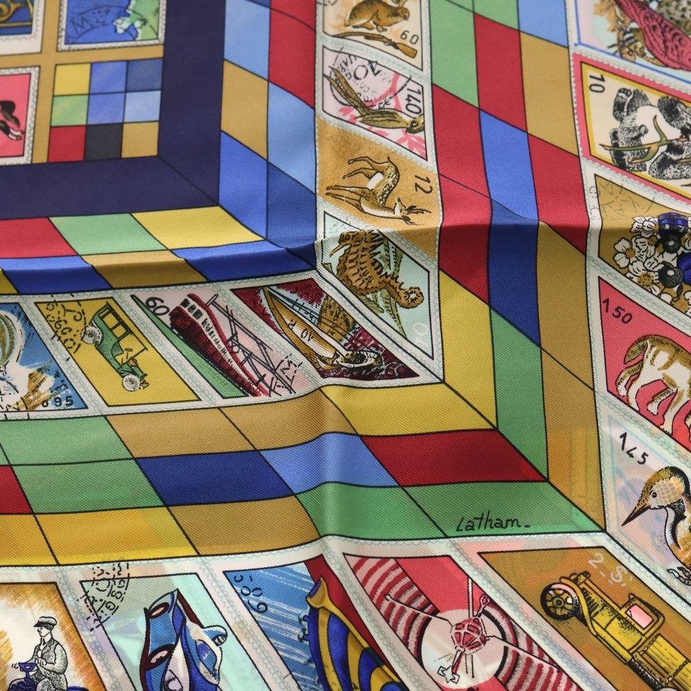 HERMES (エルメス) CORRESPONDANCE カレ90 切手 スカーフ ブルー