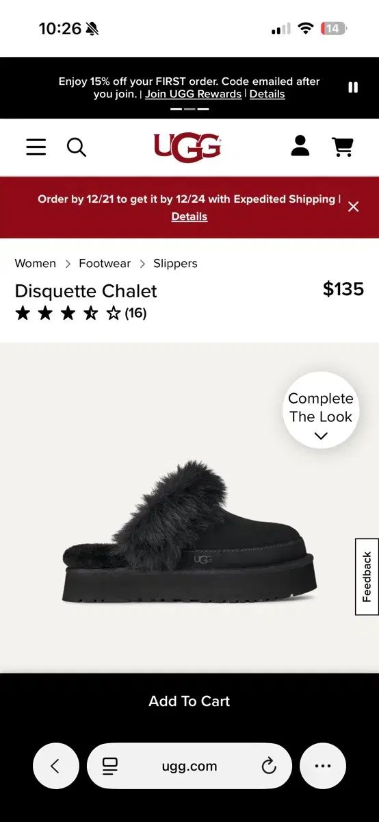 UGG アグ ディスケット シャレー スリッパ ブラック 7 10