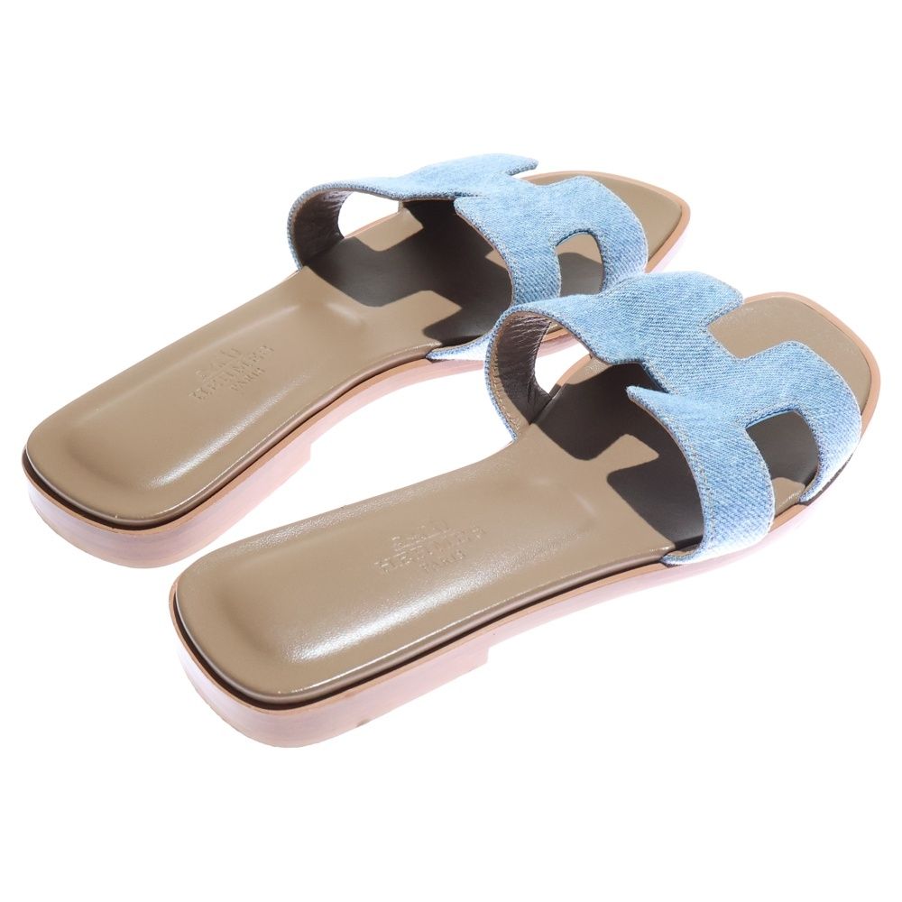  HERMES エルメス オラン Hロゴ デニム フラットサンダル シューズ インディゴ レディース サンダル ミュール 靴