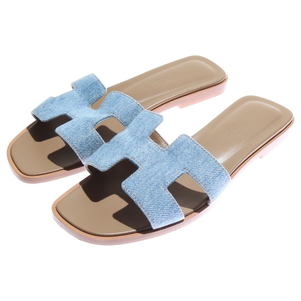 HERMES エルメス オラン Hロゴ デニム フラットサンダル シューズ インディゴ レディース