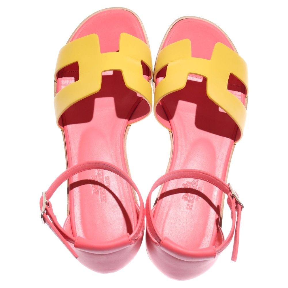 エルメス イエロー H型ストラップサンダル HERMES (エルメス) サントリーニ Hロゴ レザー ストラップ フラット