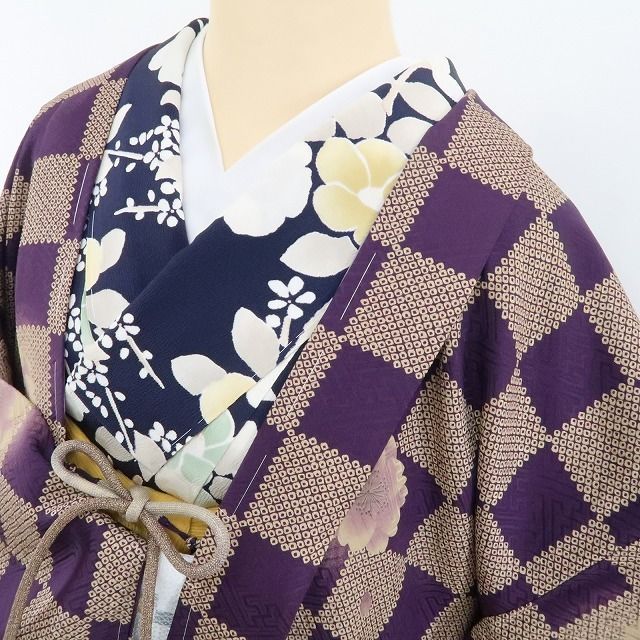 ❁tomihisa❁ 桜 市松 トランプ柄 紐付 着物 正絹 仕付け糸付 ロング丈 妖精のように舞い降りて優しい幻想を花開く桜 長羽織 4947
